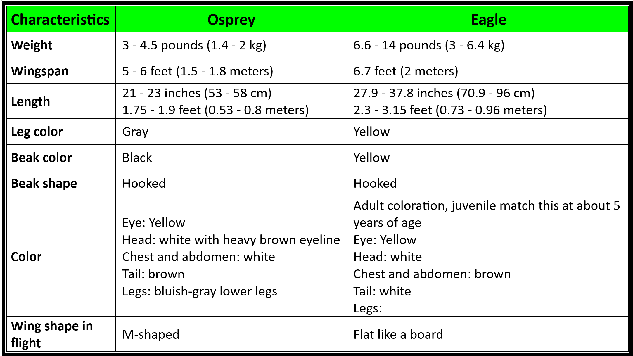Graphic showing the visual differences between the Osprey and the American Bald Eagle