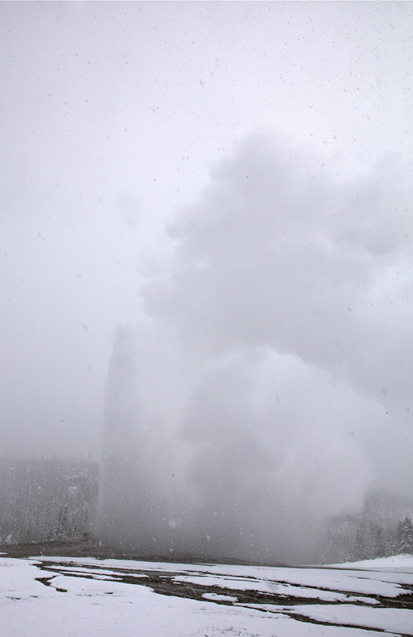 Old Faithful hidden by snowstorm