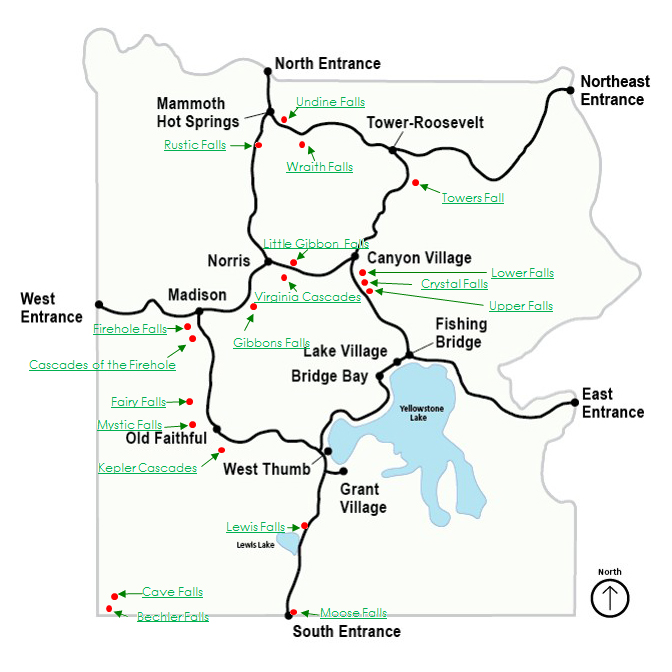 Map of Yellowstone's Waterfalls