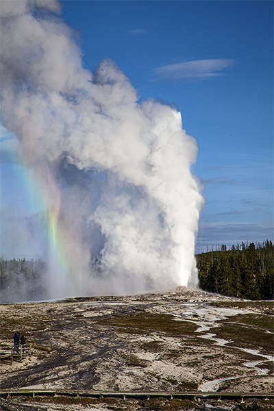 Old Faithful as seen from between Firehole River and the geyser